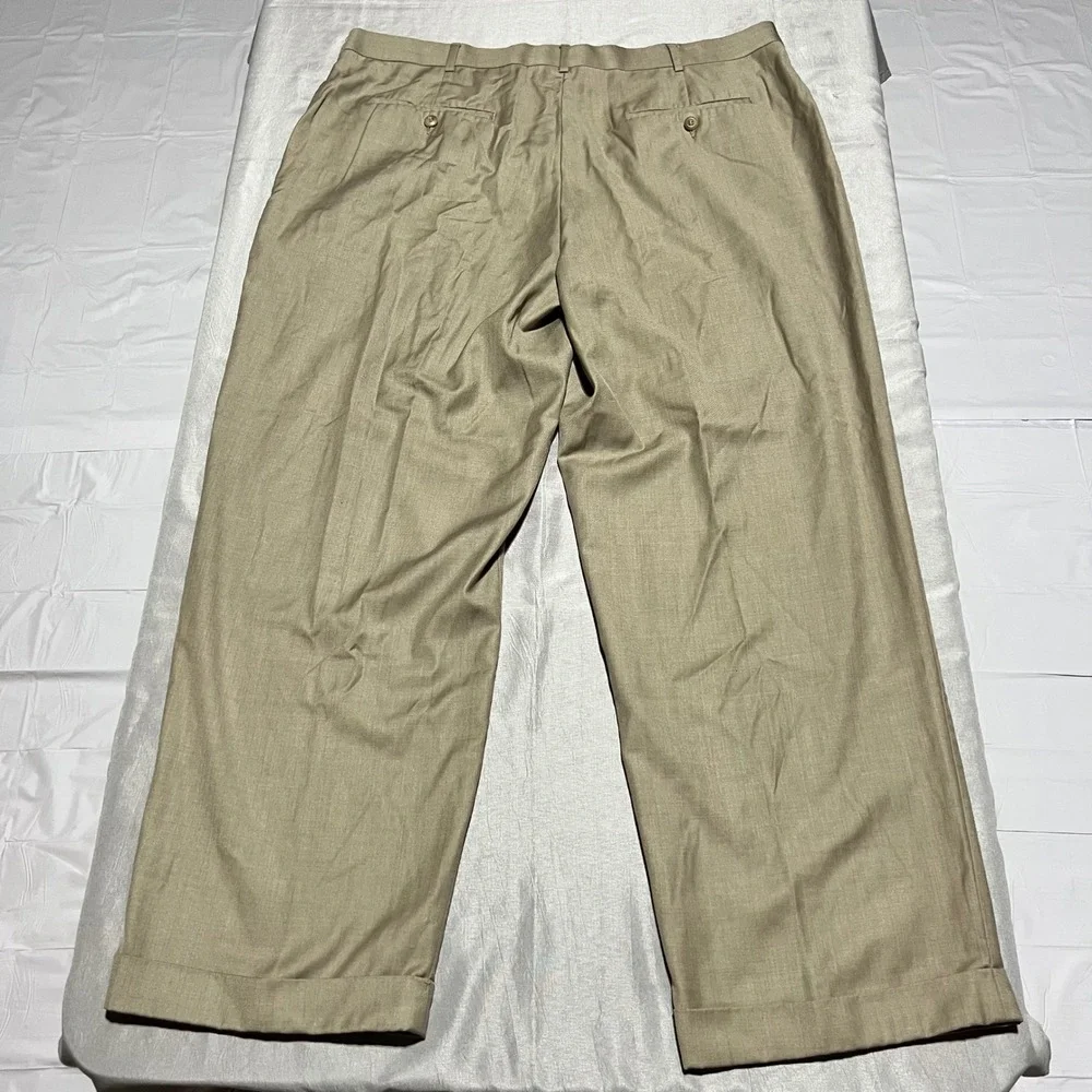 Perry Ellis America Mens 40x30 Tan Pleated Cuffed Dress Pants Khaki Trousers